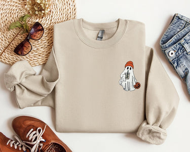 Ghost Embroidered Sweatshirt, Little Ghost Ice Coffee Shirt, Halloween Sweatshirt, Halloween Embroidered Sweatshirt, Ghost Sweatshirt